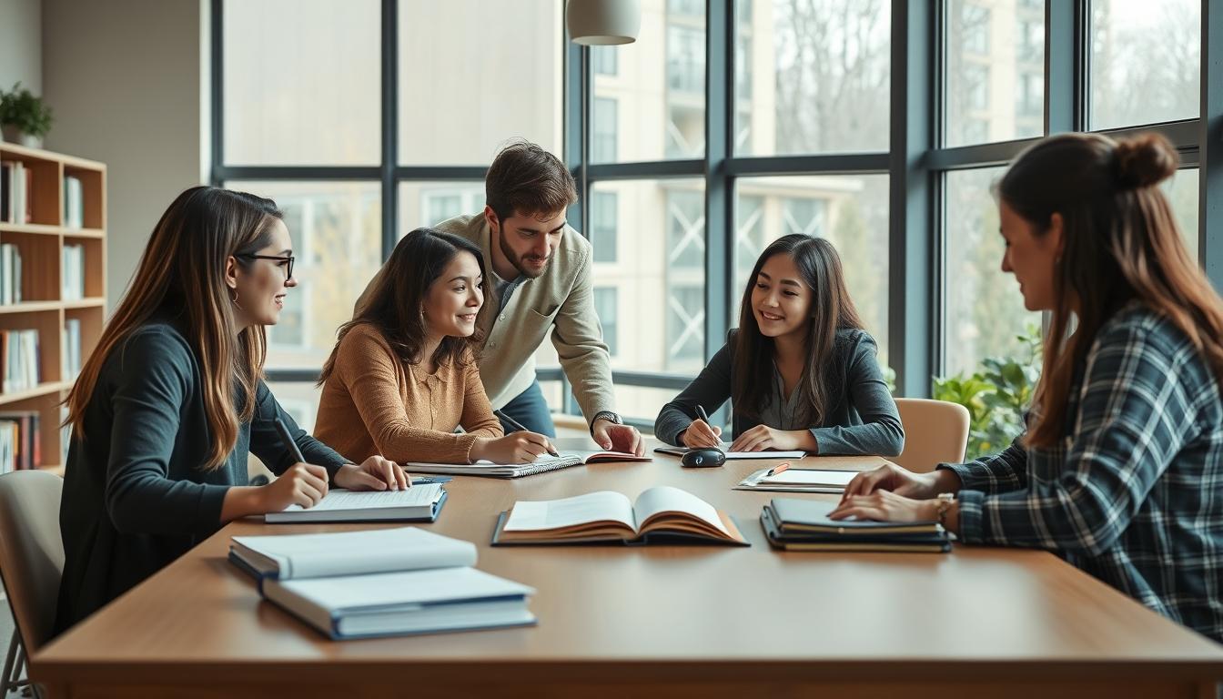 Students studying together in modern classroom